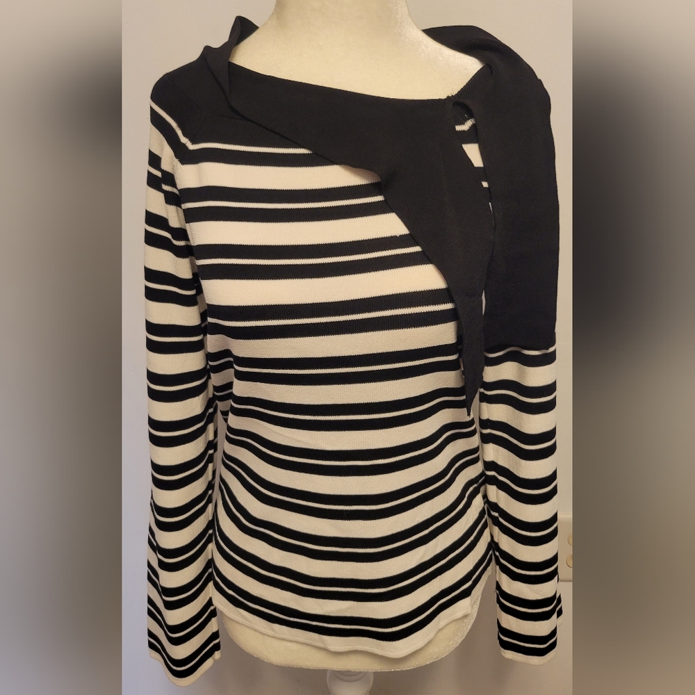 Retro Update Black and White Striped Tie Neck Blouse